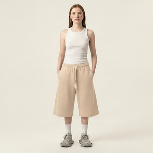 Shorts de jogging en molleton français beige pour femme, taille mi-haute, avec cordon de serrage, coupe régulière, décontracté, respirant, écologique - Product Image 2