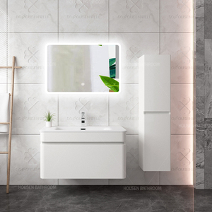 Meuble-lavabo mural de salle de bain de luxe en PVC et contreplaqué moderne, avec éclairage LED, miroir intelligent et vasque, design incurvé, pour hôtels - Product Image 3