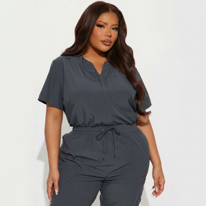 Women's Gray <b>Scrub</b> Set Knitted Cotton Polyester Hospital Uniform Pants with Pockets <b>Plus</b> <b>Size</b> - Product Image 1