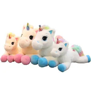 Grosir mainan mewah Unicorn besar warna Pink dan biru boneka lembut boneka kuda pelangi 40/60/80cm kustom dengan boneka kuda pelangi