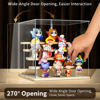 Vitrine de présentation moderne en ABS avec base en bois, anti-poussière, structure stable, assemblage facile pour figurines et jouets, personnalisable et à monter soi-même