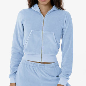 Autumn Warm Women's <strong>Velour</strong> Fleece Hooded Crop Top Zip Up Jacket Casual Outerwear - Product Image 3