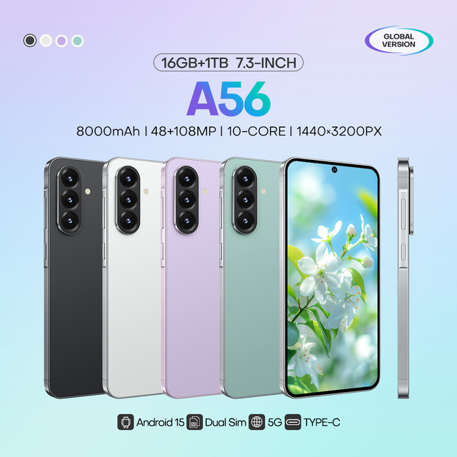Hot Selling A56 5G LTE Phone 7.3" 1440*3200 HD Display Android 15 for Daily Social Media