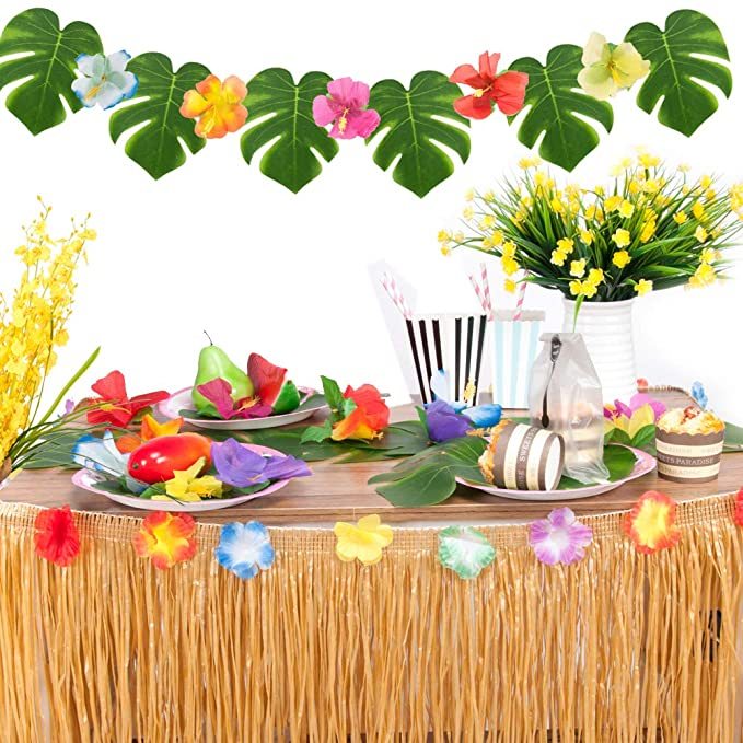 Hawaii-Party-Deko-Set – Mit Hintergrund (180x110 Cm), 9 Papierblumen, 12 Palmenblättern & Tischdecke