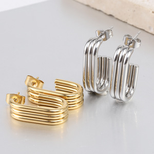 Geometric U Shape Hoop <b>Earrings</b> 14K Gold Stainless Steel Three Layer Circle <b>Stud</b> <b>Earrings</b> For Women Fashion Jewelry - Product Image 3