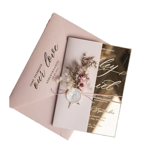 Invitations de mariage en acrylique miroir personnalisées Impression UV Enveloppe en feuille <span class=keywords><strong>d</strong></span>'or avec sceau de cire de fleur sèche pour anniversaires - Product Image 1
