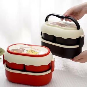 Cute Cartoon Dual-Tier Stackable Airtight Bento <b>Lunch</b> <b>Box</b> Double-<b>Layer</b> Handle Microwave Heating Lid High Sustainable Adults Kids - Product Image 1
