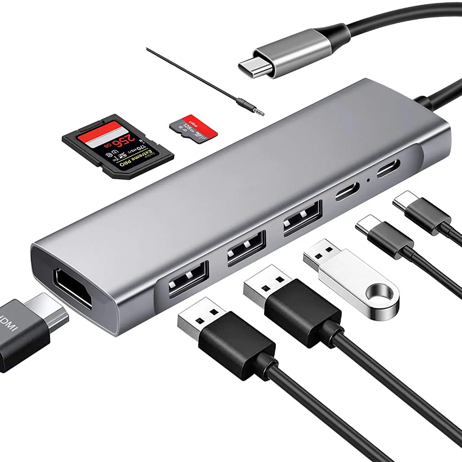 محول 9 في 1 USB C Hub من النوع C لرسو السفن مع 4K HDTV/محطة/USB/SD/TF/منافذ صوت للكمبيوتر المحمول