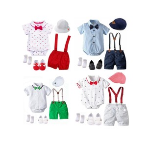 Yaz erkek kıyafet şapka ayakkabı bebek giysileri Set papyon önlük takım elbise yenidoğan 7 adet parti doğum günü elbise 3 6 9 1 2 18 ay - Product Image 2