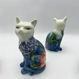 Figurine de chat, ornement de chat bleu et blanc Figurine de statue de chat debout en céramique 3D