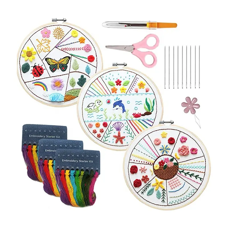 Adults DIY Arts Beginners Cross Stitch Kits Floss Hoop and Tools 3 Sets Embroidery kit with Patterns