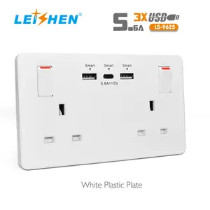 High Quality 13A UK Electrical Outlet Smart USB 2 Gang Wall Lighting Switch Socket With 3.6A Dual USBA+USBC phone Android Plug