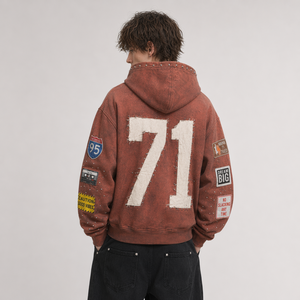 Felpa con cappuccio da <span class=keywords><strong>uomo</strong></span> OEM Americana Road Trip con zip, stampa DTG, applicazione badge, rivetti in metallo, strass, effetto sbiadito rosso mattone, lavaggio distressed - Product Image 2