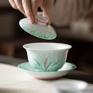 Hand Painted Reed Gaiwan <b>Teacup</b> Set Sprinkled Green Ceramic Three Piece Large Size Heat Resistant For Home Use - Product Image 2