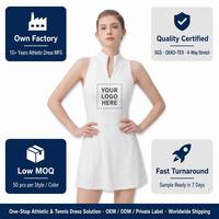 Robe de tennis blanche pour femme, col montant, sans manches, fermeture éclair avant, coutures de contour, coupe évasée mini trapèze, vente en gros, usine OEM