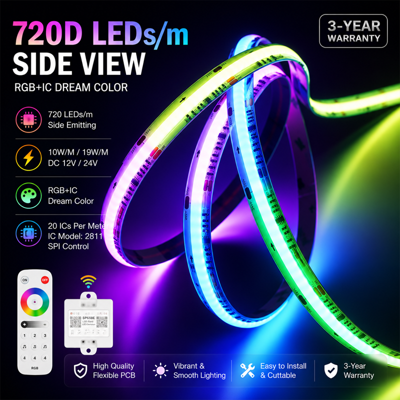 720 LEDs/m RGB IC COB LED Strip Dream Color SPI Flexible LED Tape DC12V 24V 2811 10MM PCB IP20 5M/Roll RA90