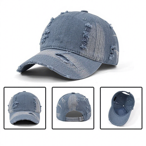 Casquette de baseball en jean délavé style vintage, unisexe, avec trous déchirés et bords effilochés, casquette ajustable en coton - Product Image 3