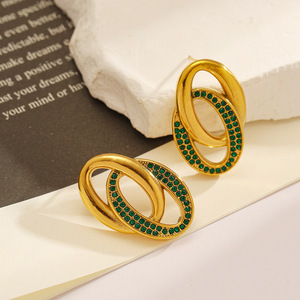 Aros de Acero Inoxidable con Baño de Oro y Diamantes Verdes, Diseño Geométrico, para Uso Diario - Product Image 1