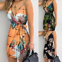 Women's Tropical Print V-Neck Wrap Mini Dress