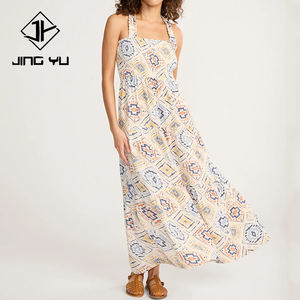 High-quality <b>women's</b> patterned pleated top with cross-strap beach <b>dress</b> custom soft COTTON GAUZE Maxi <b>dress</b> - Product Image 1