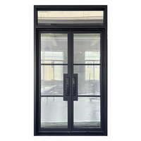 Porte d'entrée double moderne en acier noir de style français avec transom supérieur en verre trempé, isolation phonique, ouverture manuelle pour la maison