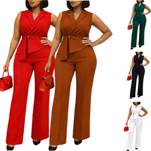C8653 Ultimo Design <span class=keywords><strong>Tuta</strong></span> Estiva da Donna <span class=keywords><strong>Elegante</strong></span> Monocolore Senza Maniche con Colletto e Lacci, Jumpsuit a Gamba Larga per Donne - Product Image 1