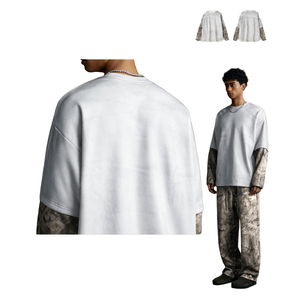 T-Shirt da Uomo Oversize Streetwear OEM a Maniche Lunghe Personalizzata con Design a Polsini Stratificati Mimetici - Product Image 2