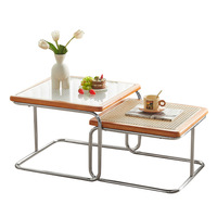 Table basse moderne créative mère-enfant, plateau en verre trempé et rotin, structure en acier inoxydable, bords arrondis, pour salon