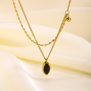 Vintage Oval <b>Black</b> Pendant Necklace | 18K PVD Gold Stainless Steel Curb <b>Chain</b> and Elongated Metal Bead <b>Chain</b> Layered Jewelry - Product Image 5