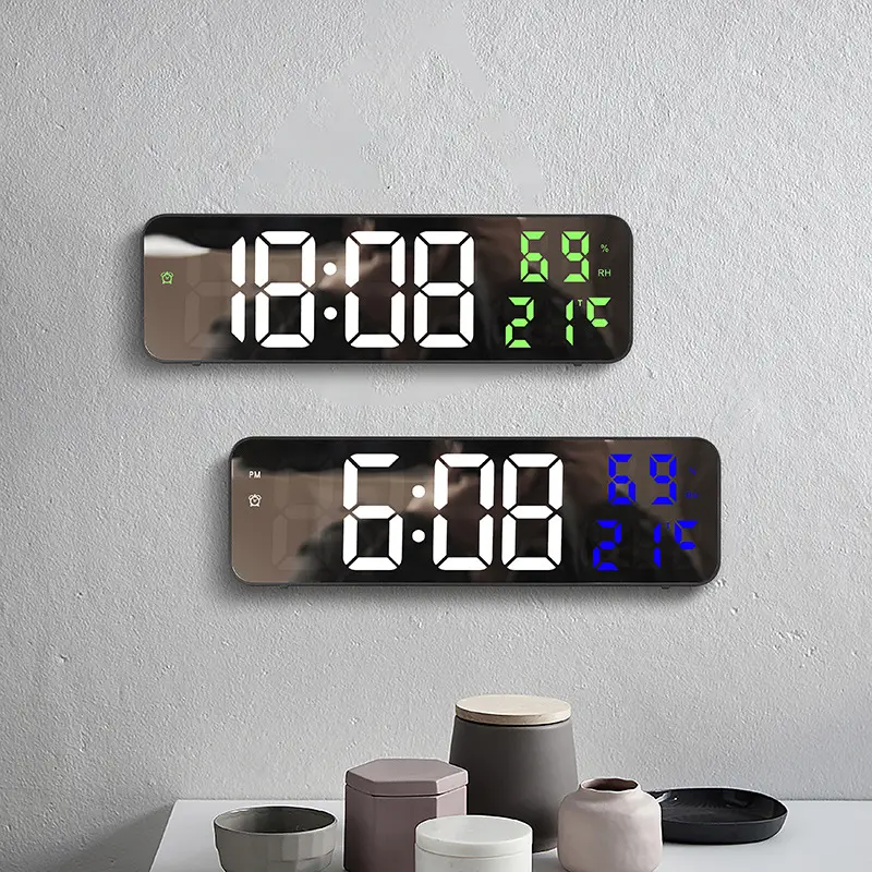 Popular electronic alarm clock with mirror large screen digital LED base wall clock