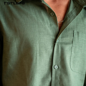 Men Linen Cotton Blend Long Sleeve Shirt Solid Green Classic Turn Down Collar Button Up <b>Chest</b> Pocket Casual Breathable Top - Product Image 2