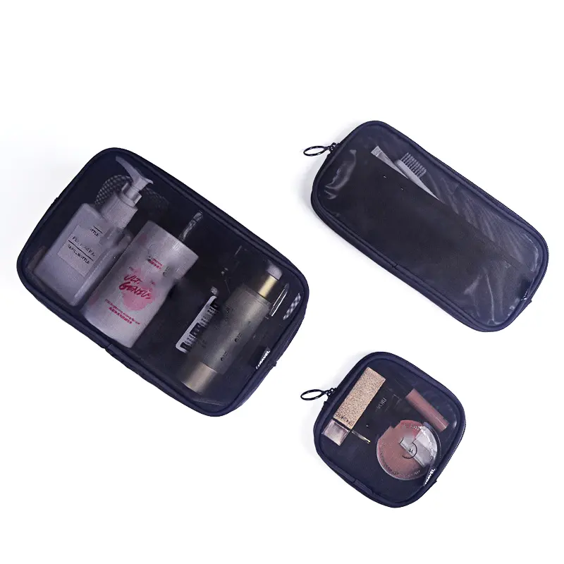 Bolsa de maquillaje de malla con cremallera, bolso de maquillaje de nailon transparente, ecológico, personalizado, a la moda