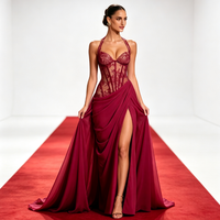 Robe de soirée longue drapée à fente haute pour femme, style corset en dentelle, idéale pour bal et soirée, vente chaude, personnalisation OEM disponible