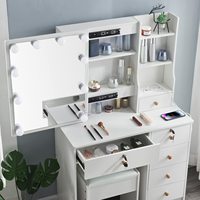 Ensemble de coiffeuse à LED avec miroir coulissant, tiroirs de rangement dissimulés et tabouret rembourré pour chambre à coucher