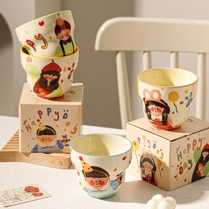 Taza de Desayuno Infantil de Porcelana Blanca Resistente a Altas Temperaturas, Apta para Microondas, con Diseño de Dibujos Animados, para Familias de Cuatro Personas - Product Image 1