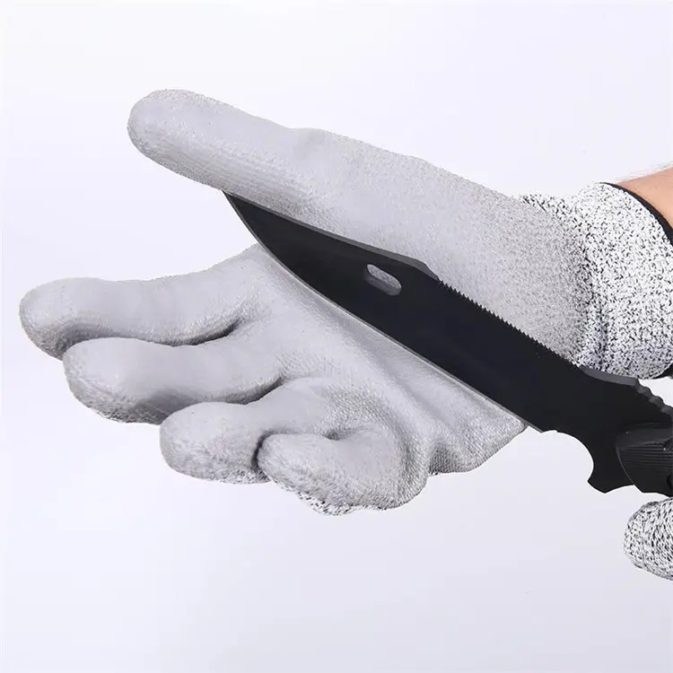 Перчатки HPPE с защитой от порезов, CE уровень 5, дешевые перчатки с полиуретановым покрытием и защитой от порезов