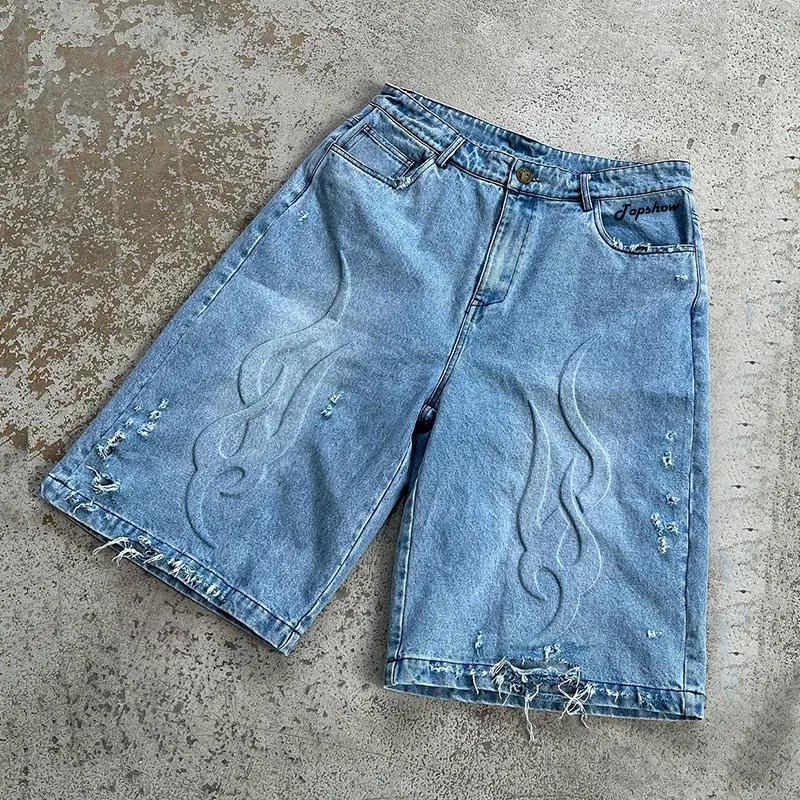 Custom 3d Embossing Logo Rauwe Zoom Rand Denim Shorts Retro Wash Hoge Kwaliteit Zwaargewicht Verf Spetters Vintage Jeans Shorts