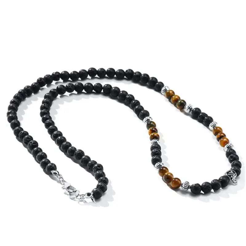 Hot Selling Volcanic Stone Black Scrub Ethnic Wind Necklace Men's Natural Tiger Eye Stone Men's Bead Necklace
