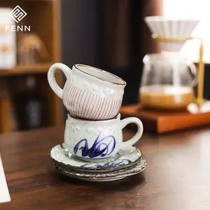 厂家直销日式饮料仿古杯套装手绘花式茶杯中式陶瓷咖啡杯带茶托套装