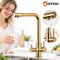 Robinet de cuisine en laiton à trois voies, double poignée, bec haut, eau potable filtrée, eau chaude et froide
