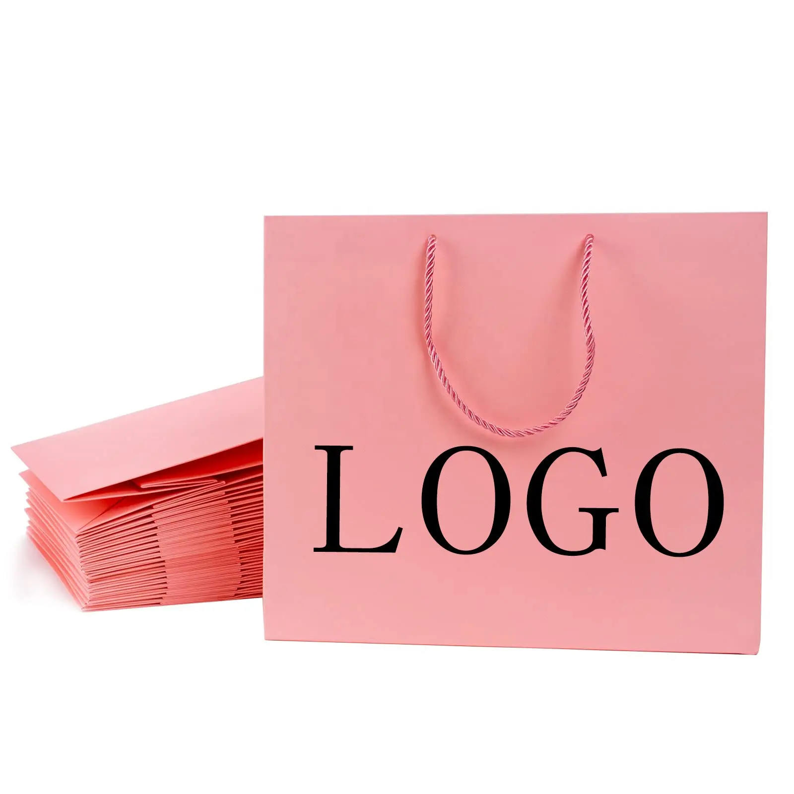 Sacchetti regalo di ringraziamento in cartone con Logo privato sacchetti di carta rosa semplici riutilizzabili personalizzati con manico a nastro pastello con il tuo Logo