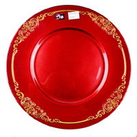 Assiettes de présentation en verre rouges et or de 13 pouces pour Noël, assiettes décoratives rouges pour mariage, vente en gros, faible MOQ