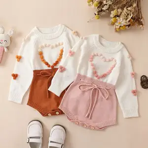 0-18M Otoño Invierno bebé niñas suéter mameluco de manga larga Color Patchwork corazón tejido monos infantiles prendas de vestir para niños pequeños