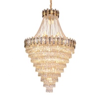 Grand lustre moderne de luxe en cristal doré avec éclairage LED à intensité variable pour escalier et décoration de villa/hôtel, température de couleur 3 tons
