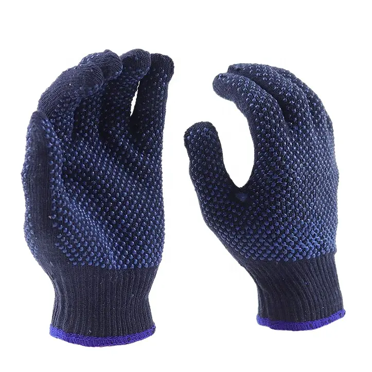 Amplamente Utilizado Indústria Leve 10 Calibre Azul Marinho Dupla Face De Malha De Algodão Pvc Pontilhada Segurança Trabalho Mão Luvas