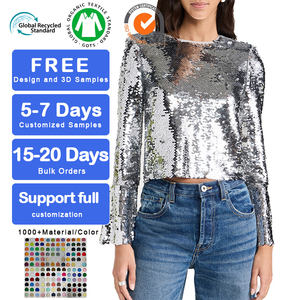 Custom Women's Casual <strong>Sequin</strong> <strong>Top</strong> Solid Color <strong>Silver</strong> <strong>Sequin</strong> T-Shirt O-Neck Cropped <strong>Top</strong> With <strong>Long</strong> Flared <strong>Sleeves</strong> - Product Image 1