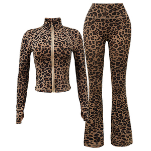 Completi Fitness <span class=keywords><strong>Donna</strong></span> Due Pezzi Stampa Floreale Leopardata, Tuta Yoga Aderente, Top e <span class=keywords><strong>Pantaloni</strong></span> Svasati a Zampa, Set Casual 2 Pezzi <span class=keywords><strong>Donna</strong></span> - Product Image 1