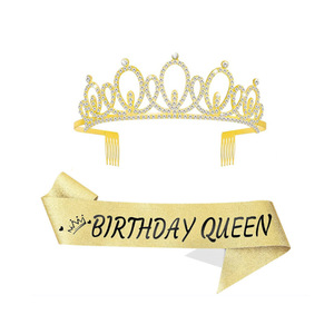 Ensemble de fête d'anniversaire or rose, couronne en alliage, écharpe scintillante, décoration Joyeux Anniversaire Reine, 8-13 ans - Product Image 3