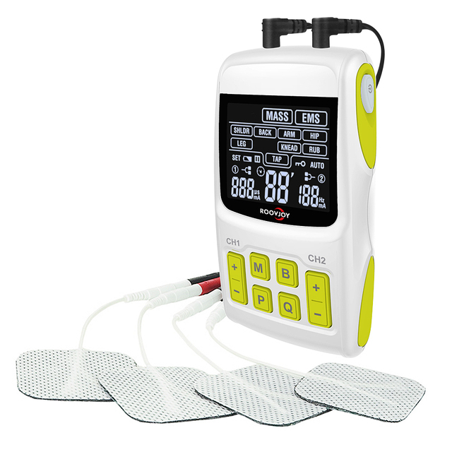 Portable 2-Channel TENS & EMS Muscle Stimulator ABS Material Physical Therapy Equipment ROOVJOY R-E1 for Rehabilitation Use