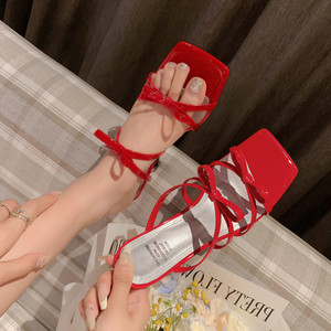 Sandalias de verano de nuevo estilo francés con una sola tira y punta abierta, con doble lazo, color liso a la moda, tacón grueso, estilo femenino - Product Image 6